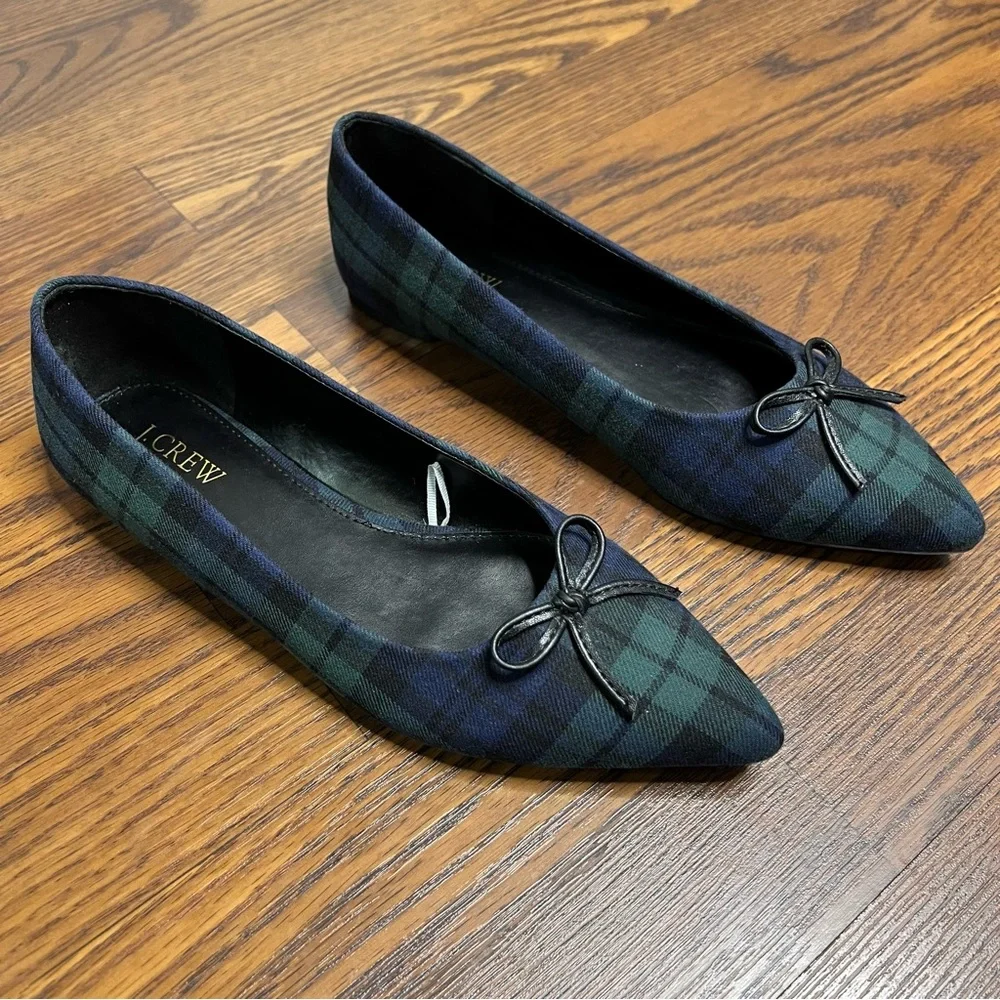 J.Crew Black Watch plaid tartan pointed-toe bow ballet flat size 8